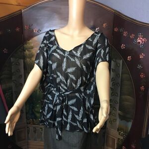 Black Blouse with Gray Palm Leaves & Faint Pleats